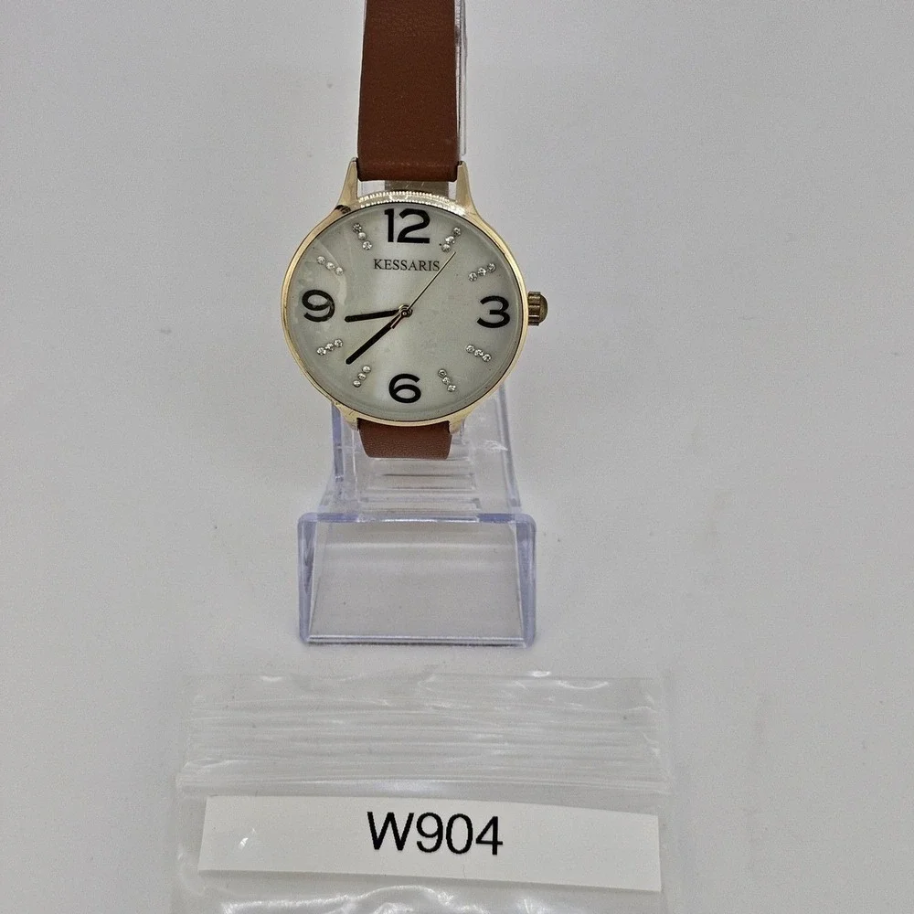 Kessaris Women's Watch 36MM White Dial Brown Faux Leather Bands‎ New Battery